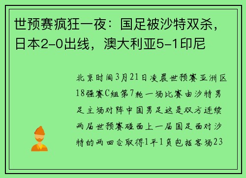 世预赛疯狂一夜：国足被沙特双杀，日本2-0出线，澳大利亚5-1印尼