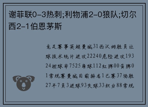 谢菲联0-3热刺;利物浦2-0狼队;切尔西2-1伯恩茅斯